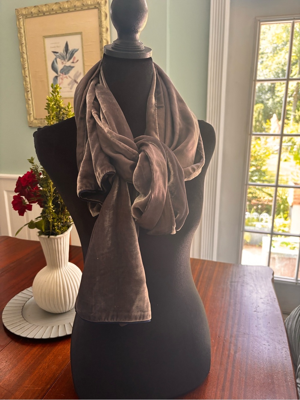 Lux Velvet Long Scarf Wrap Smoky gray matching silk reverse navy trim at ends